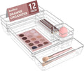 Radikor 12 Pcs Drawer Organizer, 4 Sizes Clear Plastic Drawer Storage Organizer, Stackable Drawer Dividers for Bathroom, Kitchen, Makeup