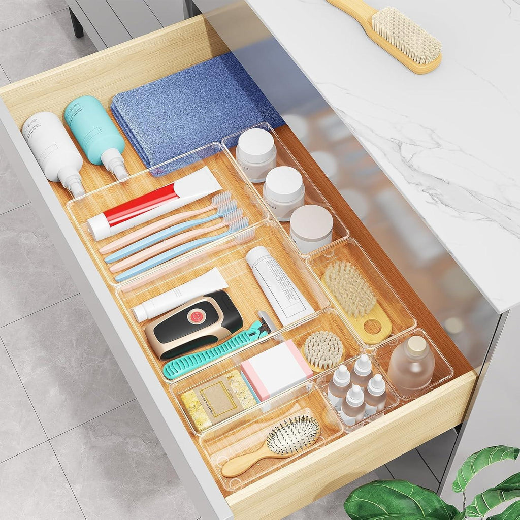 Radikor 12 Pcs Drawer Organizer, 4 Sizes Clear Plastic Drawer Storage Organizer, Stackable Drawer Dividers for Bathroom, Kitchen, Makeup