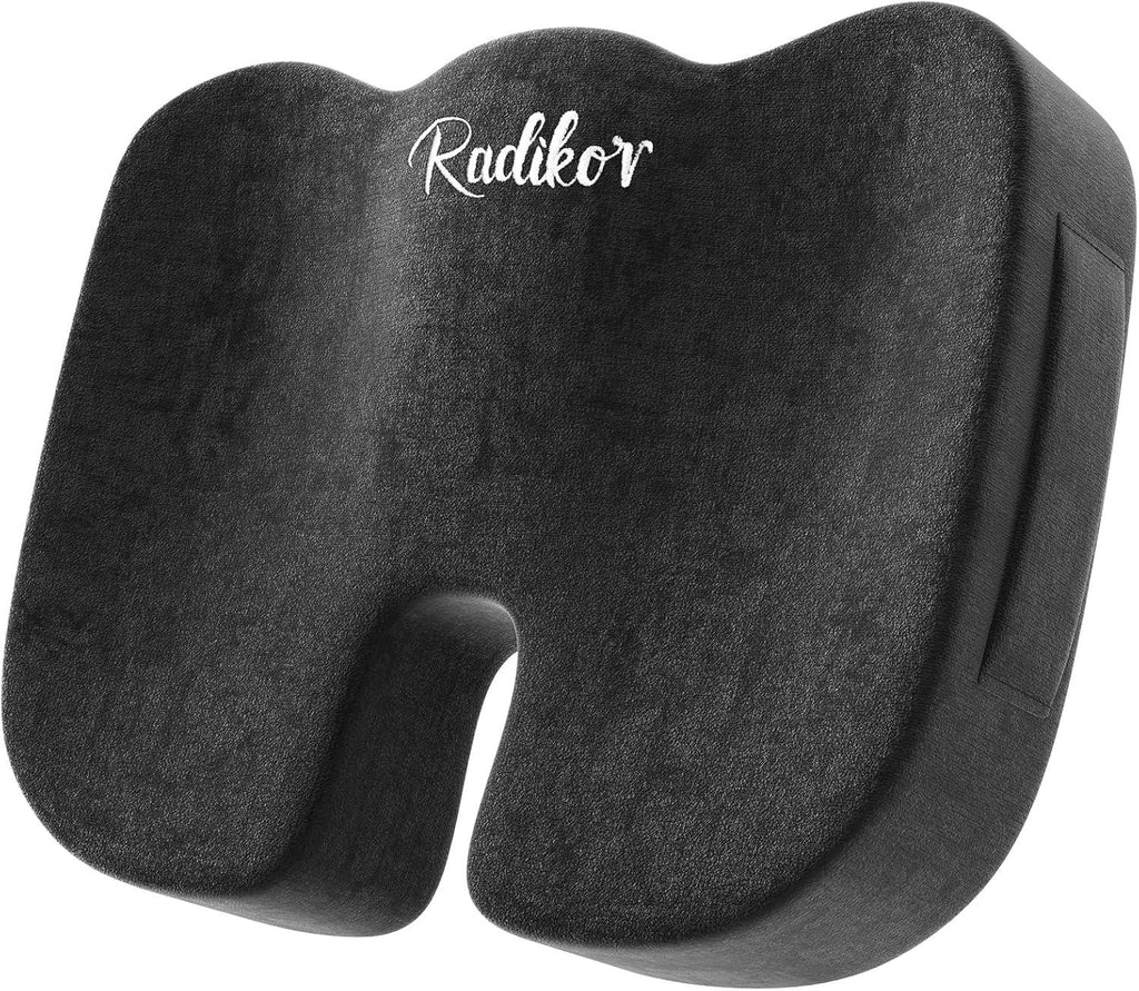 Radikor Office Chair Cushion, Coccyx Orthopaedic Cushion, Sciatica Cushion, Ergonomic, Made of Memory Foam, with Non-Slip Base, Relieves Coccyx, Black