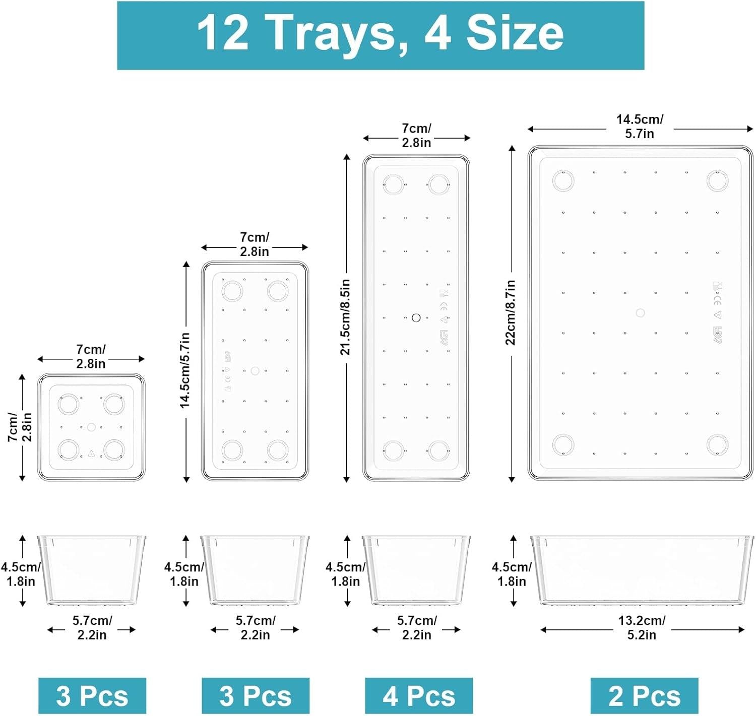 Radikor 12 Pcs Drawer Organizer, 4 Sizes Clear Plastic Drawer Storage Organizer, Stackable Drawer Dividers for Bathroom, Kitchen, Makeup