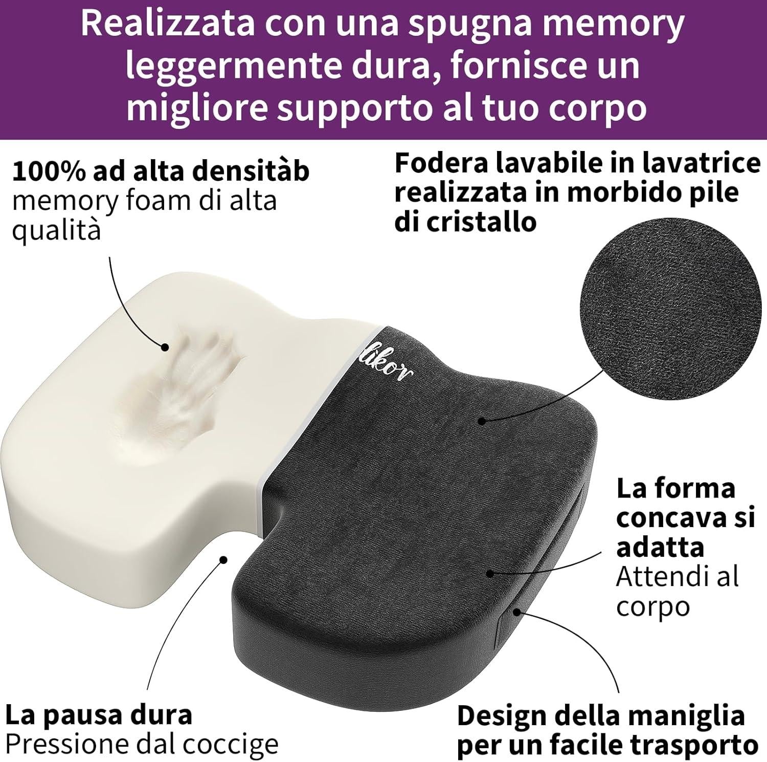 Radikor Office Chair Cushion, Coccyx Orthopaedic Cushion, Sciatica Cushion, Ergonomic, Made of Memory Foam, with Non-Slip Base, Relieves Coccyx, Black