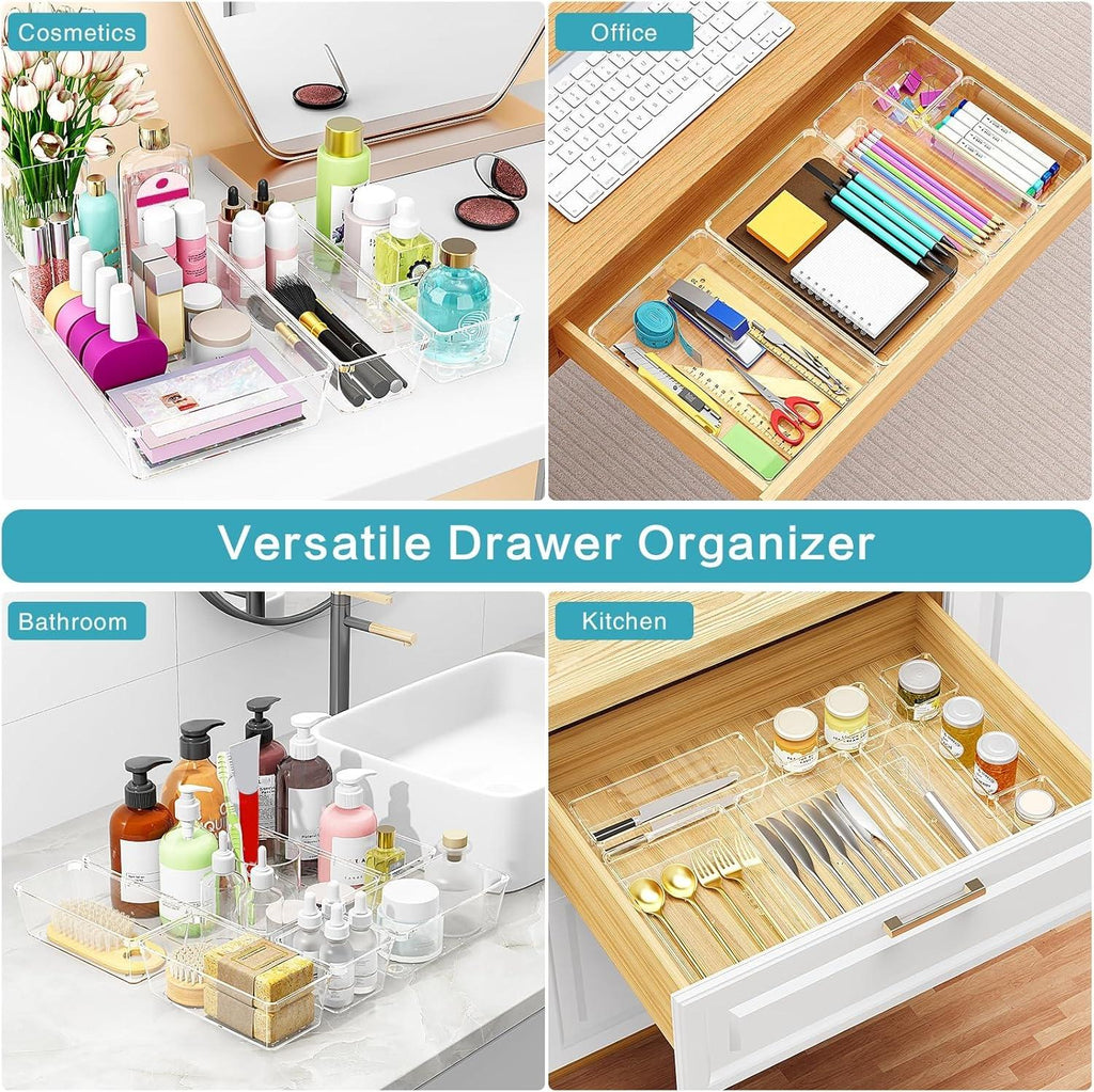 Radikor 12 Pcs Drawer Organizer, 4 Sizes Clear Plastic Drawer Storage Organizer, Stackable Drawer Dividers for Bathroom, Kitchen, Makeup