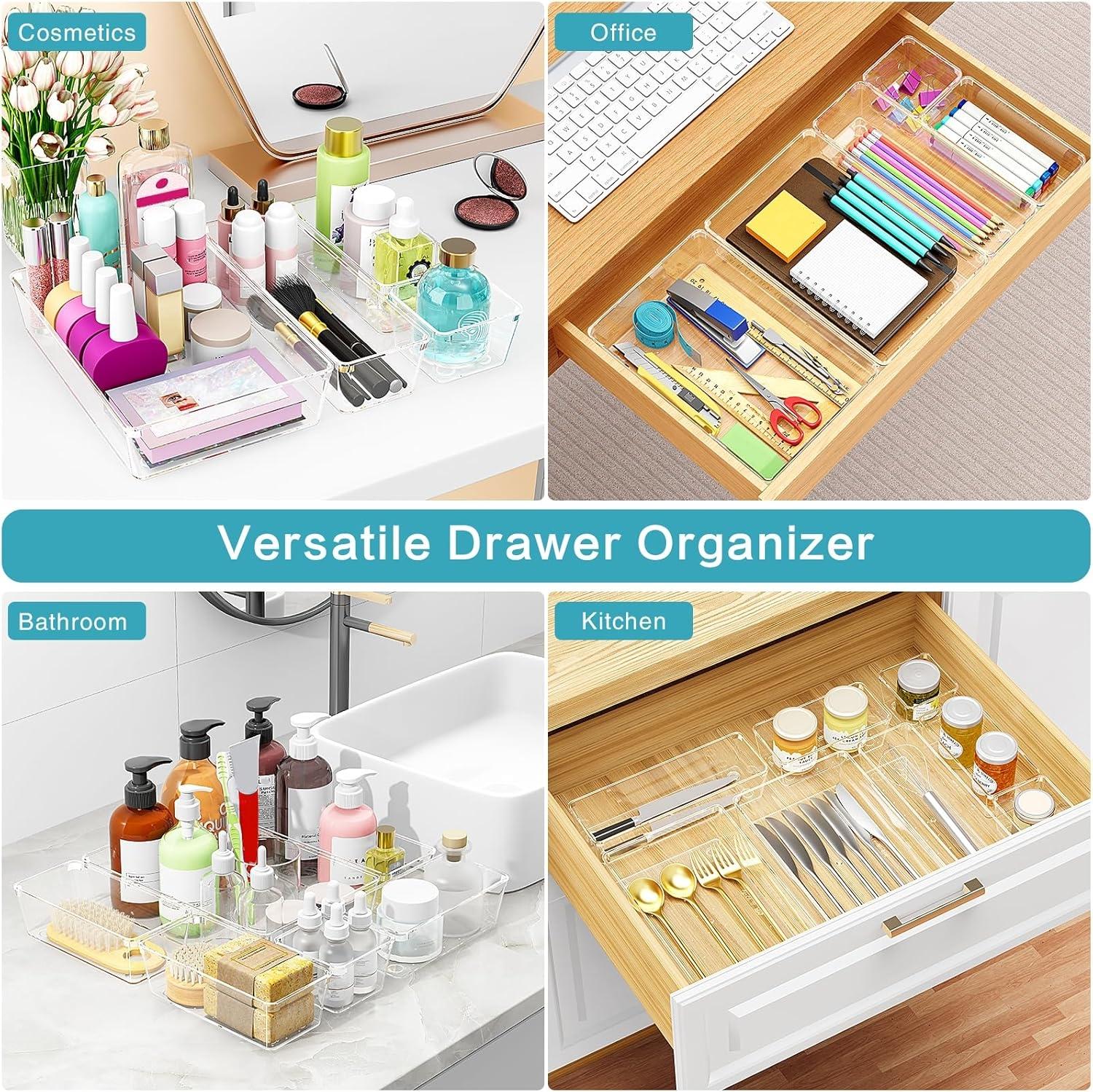 Radikor 12 Pcs Drawer Organizer, 4 Sizes Clear Plastic Drawer Storage Organizer, Stackable Drawer Dividers for Bathroom, Kitchen, Makeup