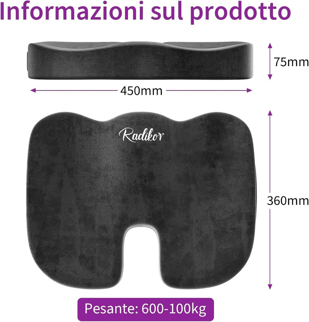 Radikor Office Chair Cushion, Coccyx Orthopaedic Cushion, Sciatica Cushion, Ergonomic, Made of Memory Foam, with Non-Slip Base, Relieves Coccyx, Black