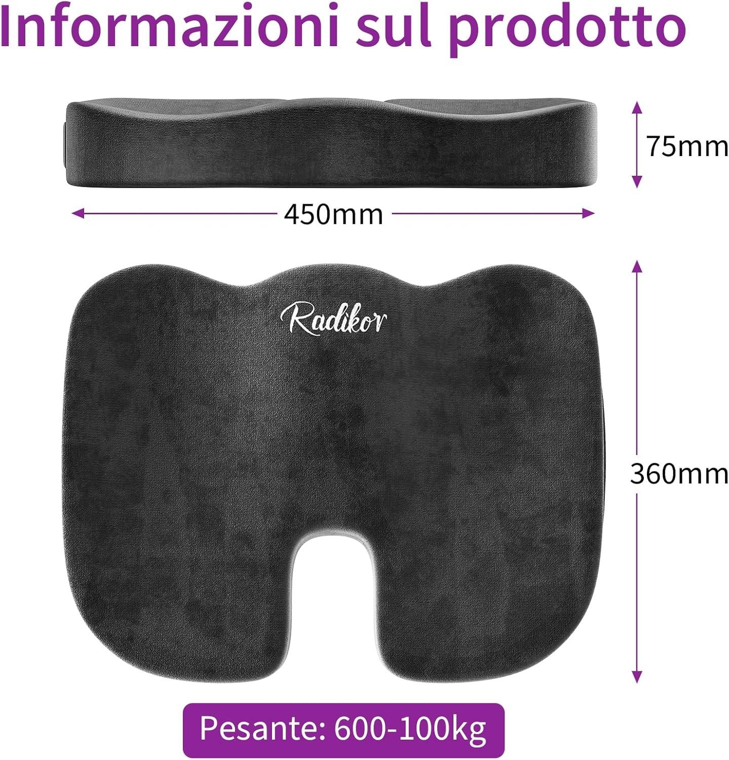 Radikor Office Chair Cushion, Coccyx Orthopaedic Cushion, Sciatica Cushion, Ergonomic, Made of Memory Foam, with Non-Slip Base, Relieves Coccyx, Black