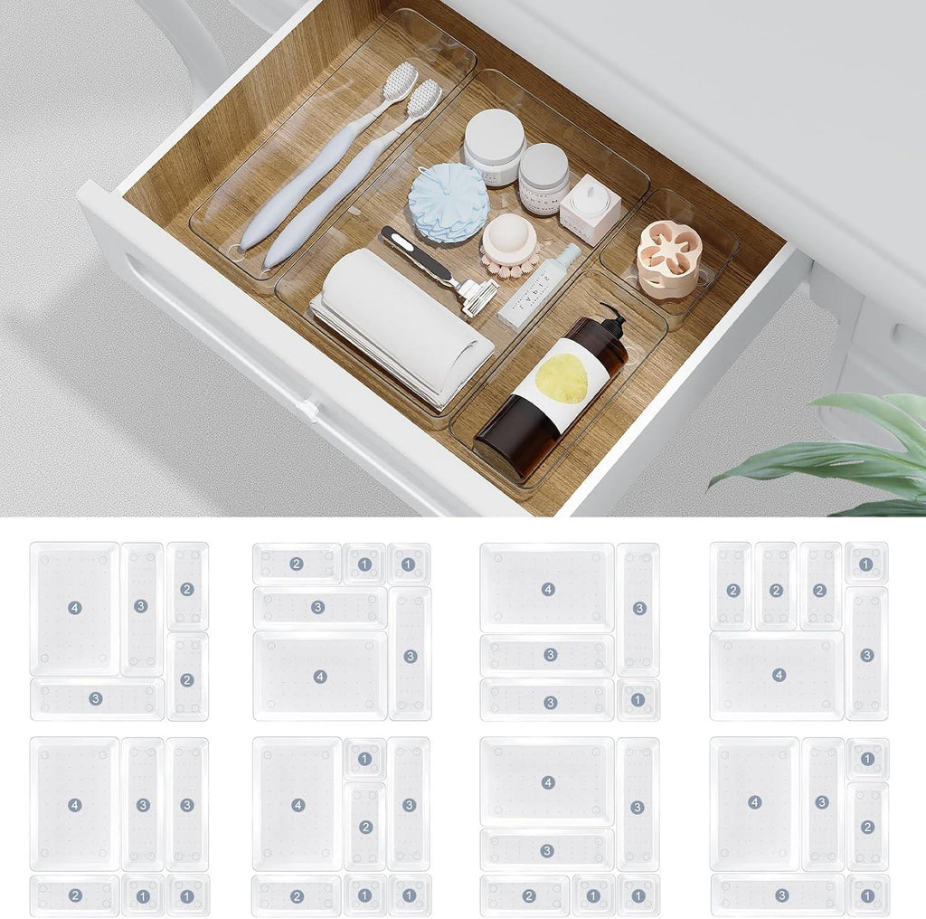 Radikor 12 Pcs Drawer Organizer, 4 Sizes Clear Plastic Drawer Storage Organizer, Stackable Drawer Dividers for Bathroom, Kitchen, Makeup
