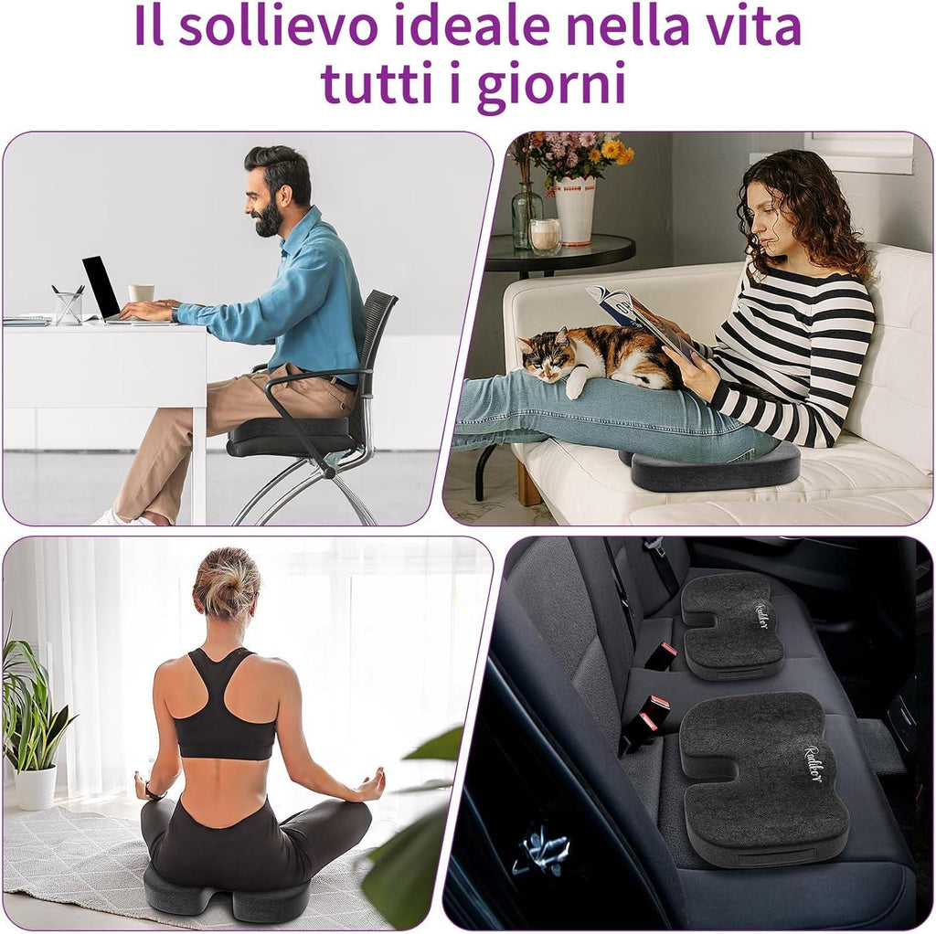 Radikor Office Chair Cushion, Coccyx Orthopaedic Cushion, Sciatica Cushion, Ergonomic, Made of Memory Foam, with Non-Slip Base, Relieves Coccyx, Black