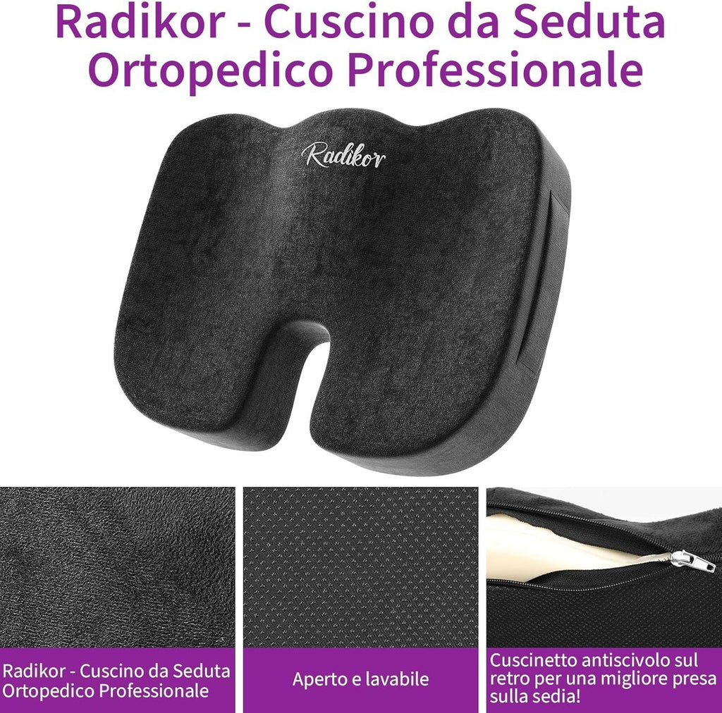Radikor Office Chair Cushion, Coccyx Orthopaedic Cushion, Sciatica Cushion, Ergonomic, Made of Memory Foam, with Non-Slip Base, Relieves Coccyx, Black
