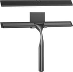 Radikor Stainless Steel Shower Squeegee, 10 Inch Shower Squeegee with Hook, Replaceable Silicone Squeegee Bathroom Shower Squeegee for Glass, Mirror, Tiles, Kitchen, Black