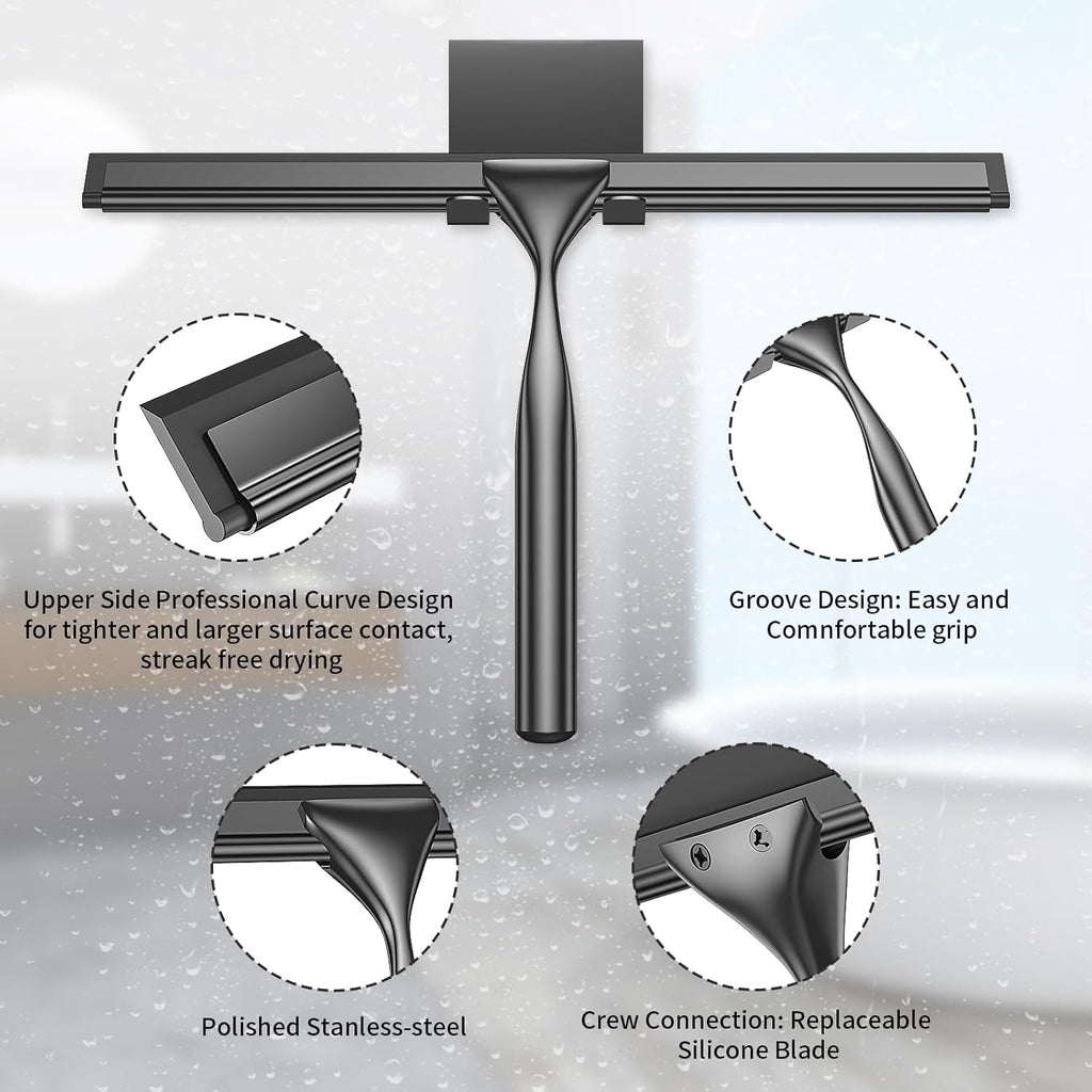 Radikor Stainless Steel Shower Squeegee, 10 Inch Shower Squeegee with Hook, Replaceable Silicone Squeegee Bathroom Shower Squeegee for Glass, Mirror, Tiles, Kitchen, Black