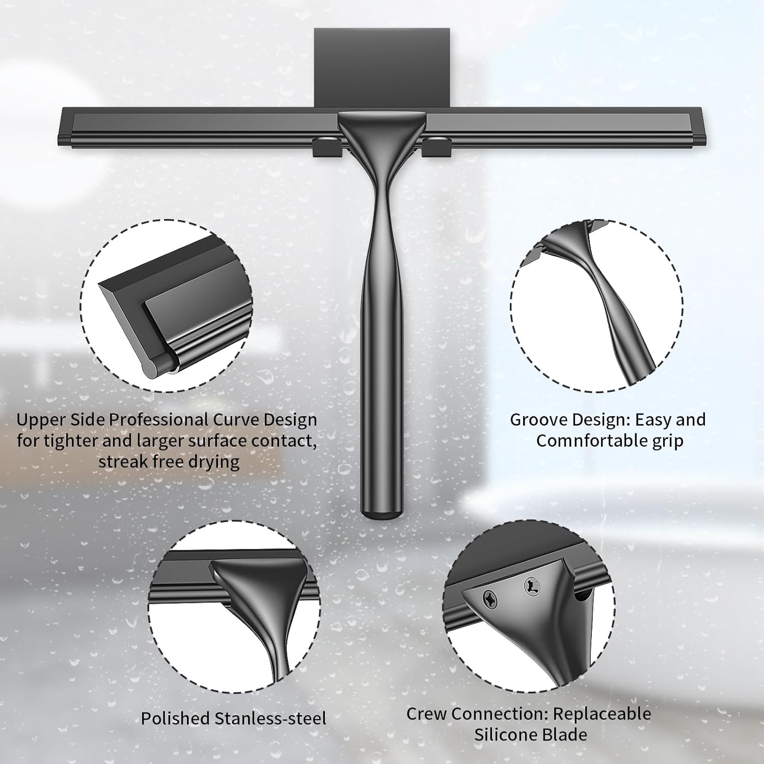 Radikor Stainless Steel Shower Squeegee, 10 Inch Shower Squeegee with Hook, Replaceable Silicone Squeegee Bathroom Shower Squeegee for Glass, Mirror, Tiles, Kitchen, Black