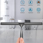 Radikor Stainless Steel Shower Squeegee, 10 Inch Shower Squeegee with Hook, Replaceable Silicone Squeegee Bathroom Shower Squeegee for Glass, Mirror, Tiles, Kitchen, Black