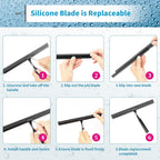 Radikor Stainless Steel Shower Squeegee, 10 Inch Shower Squeegee with Hook, Replaceable Silicone Squeegee Bathroom Shower Squeegee for Glass, Mirror, Tiles, Kitchen, Black