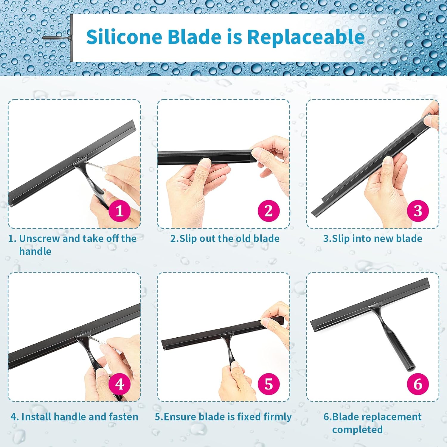 Radikor Stainless Steel Shower Squeegee, 10 Inch Shower Squeegee with Hook, Replaceable Silicone Squeegee Bathroom Shower Squeegee for Glass, Mirror, Tiles, Kitchen, Black
