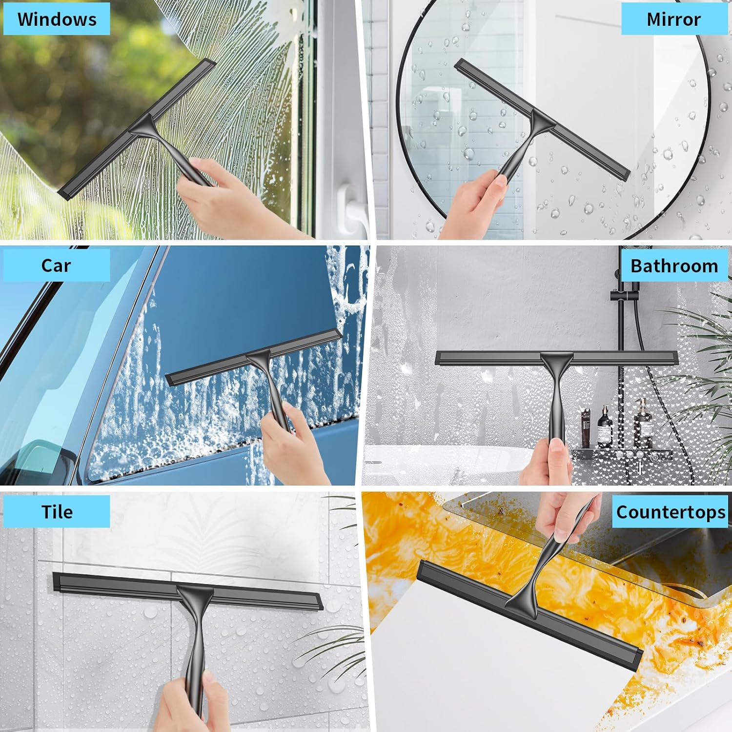Radikor Stainless Steel Shower Squeegee, 10 Inch Shower Squeegee with Hook, Replaceable Silicone Squeegee Bathroom Shower Squeegee for Glass, Mirror, Tiles, Kitchen, Black