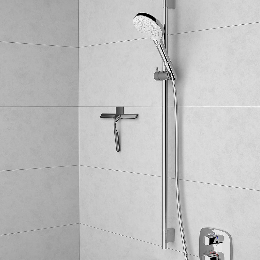 Radikor Stainless Steel Shower Squeegee, 10 Inch Shower Squeegee with Hook, Replaceable Silicone Squeegee Bathroom Shower Squeegee for Glass, Mirror, Tiles, Kitchen, Black