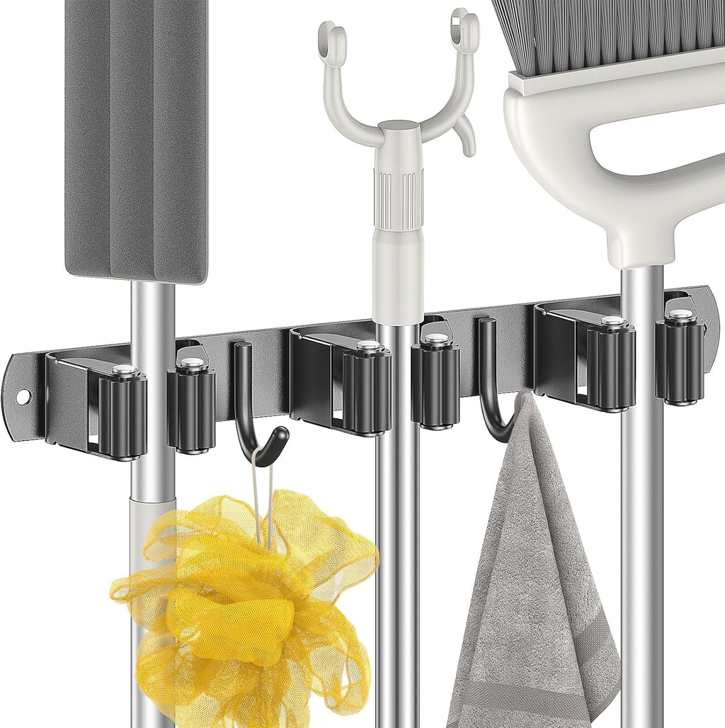 Radikor Wall Broom Holder, Wall Mounted Broom Holder with 3 Brackets and 2 Hooks, Wall Mounted Broom Holder without Drilling, Wall Broom Holder with Screws, Wall Mounted Broom Holder, Garden Tool