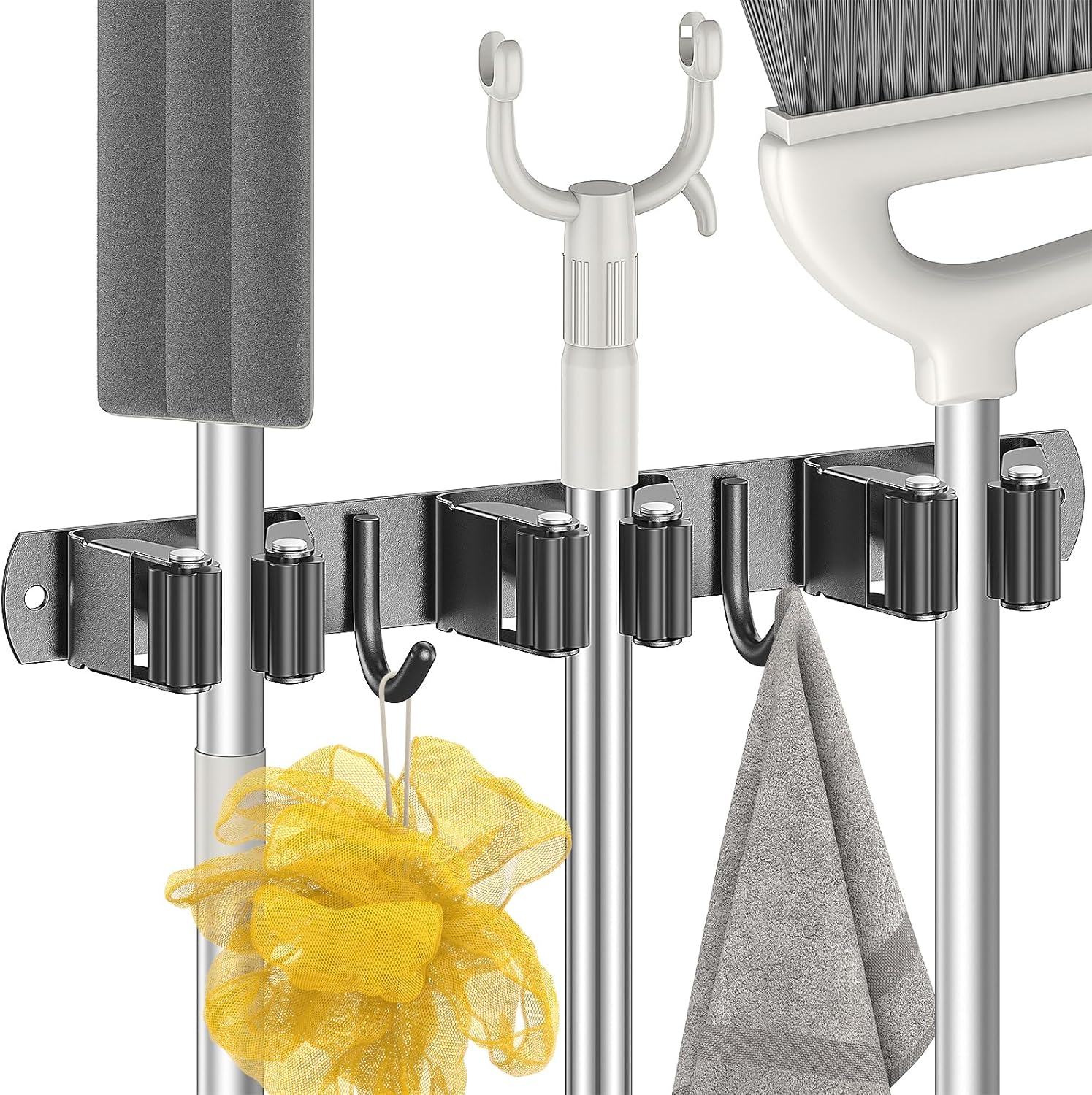 Radikor Wall Broom Holder, Wall Mounted Broom Holder with 3 Brackets and 2 Hooks, Wall Mounted Broom Holder without Drilling, Wall Broom Holder with Screws, Wall Mounted Broom Holder, Garden Tool