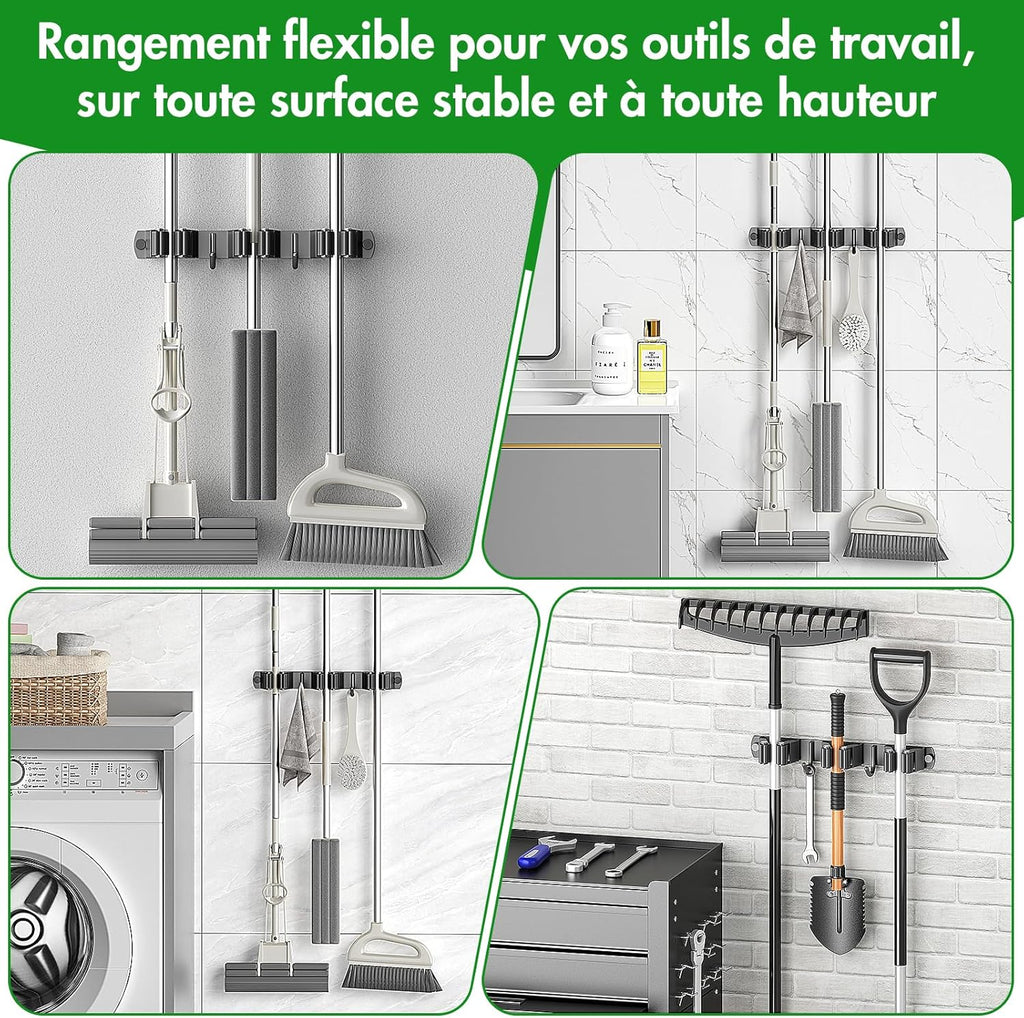 Radikor Wall Broom Holder, Wall Mounted Broom Holder with 3 Brackets and 2 Hooks, Wall Mounted Broom Holder without Drilling, Wall Broom Holder with Screws, Wall Mounted Broom Holder, Garden Tool