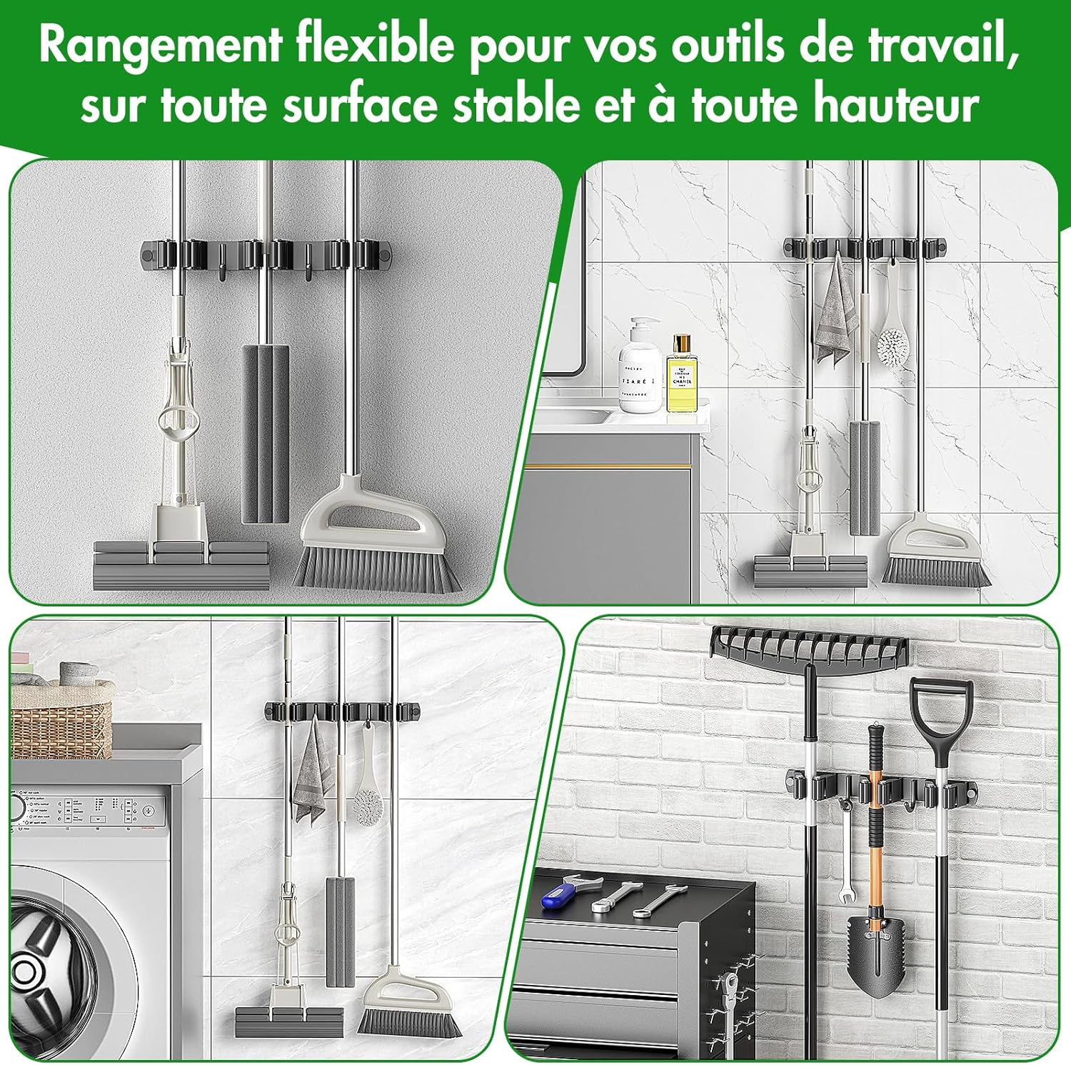 Radikor Wall Broom Holder, Wall Mounted Broom Holder with 3 Brackets and 2 Hooks, Wall Mounted Broom Holder without Drilling, Wall Broom Holder with Screws, Wall Mounted Broom Holder, Garden Tool