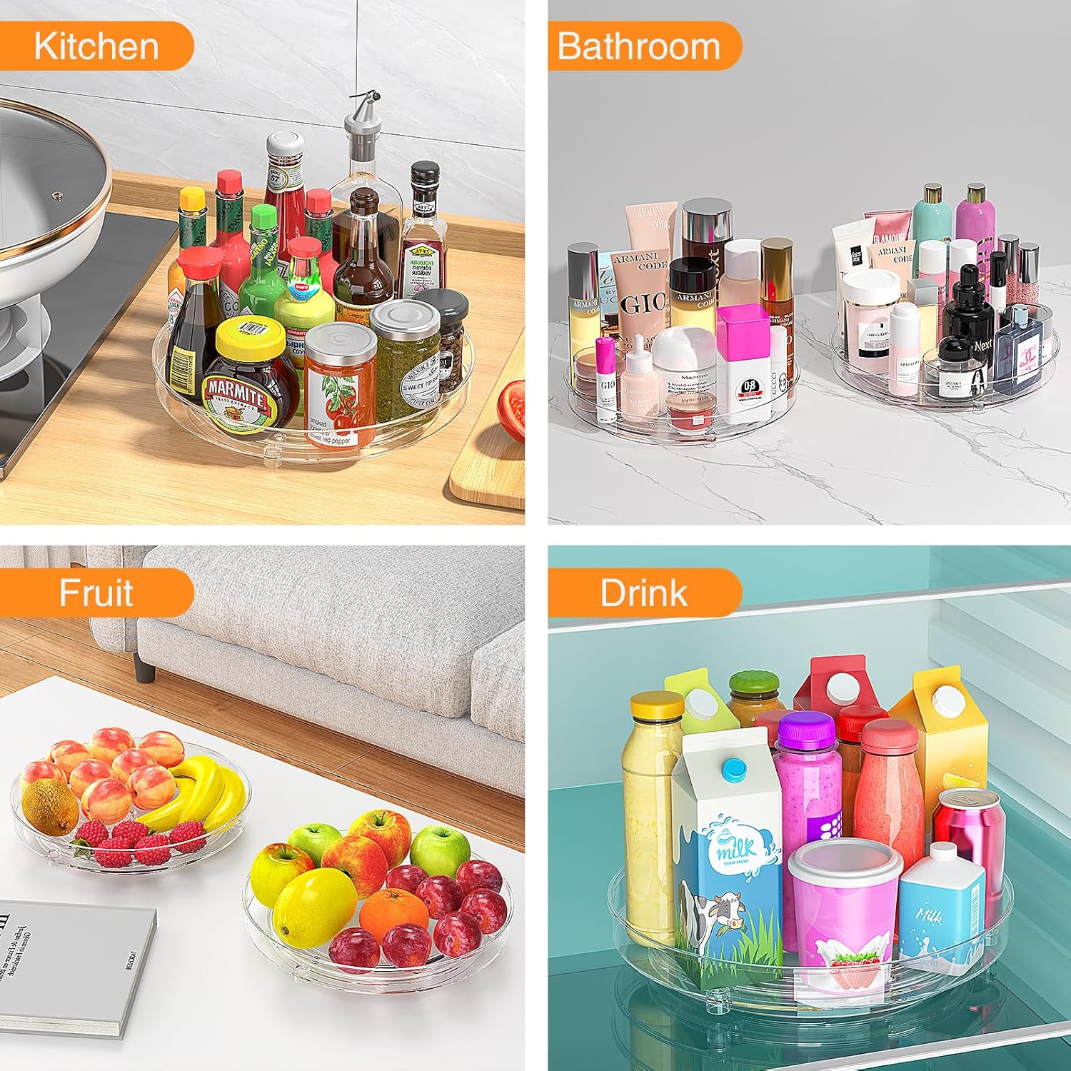 Radikor Pack of 2 Turntable Fridge Organiser, 360° Lazy Susan Rotating Spice Rack, 24 cm Turntable Kitchen, Rotating Plate Fridge for Spices, Bottles, Cosmetics